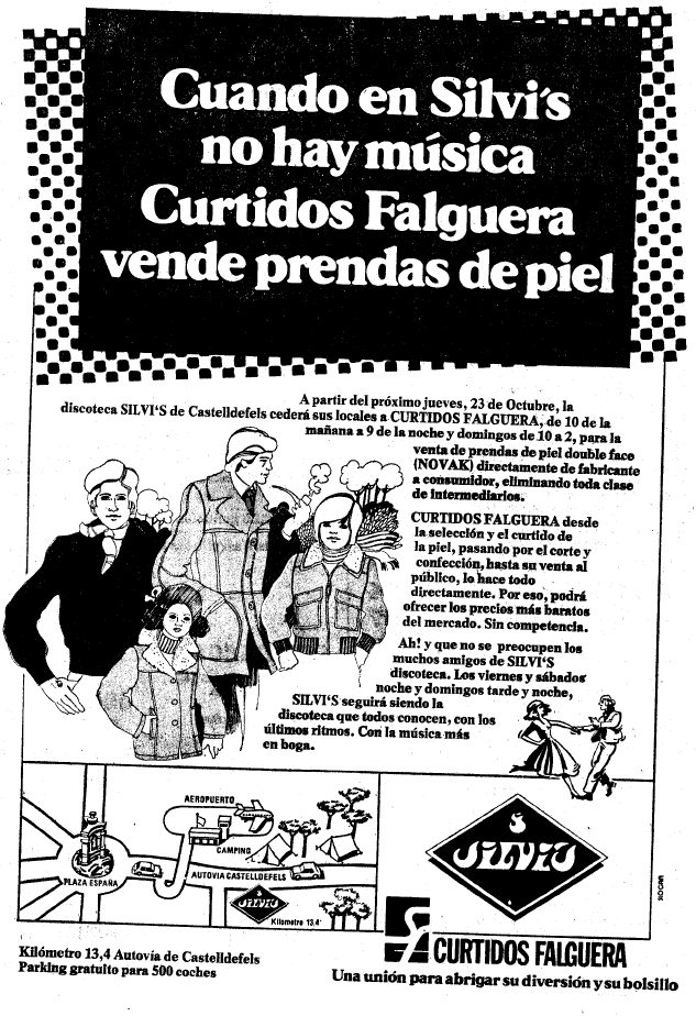 Anunci publicat al diari LA VANGUARDIA per l'empresa CURTIDOS FALGUERA sobre la venda de roba de pell dins de la discoteca Silvi's de Gav Mar (19 d'octubre de 1980)